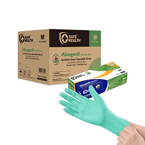 Safe Health Aloegenii HD Green Vinyl Disposable Gloves, Aloe Vera Coated, 5.5 mil, Case of 1000, Medium, Latex Free, Powder Free, Cleaning, Food Service, Office, Janitorial - color: Green 1 Case of 1000 Pcs-medium, size: Medium (Pack of 1)