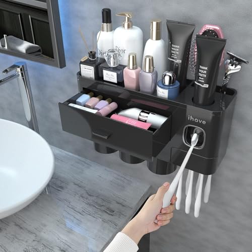 iHave Toothbrush Holders for Bathrooms, 3 Cups Toothbrush Holder Wall Mounted with Toothpaste Dispenser - Large Capacity Tray, Cosmetic Drawer - Bathroom Organizer & Bathroom Organization and Storage - color: Black, size: 3 cup