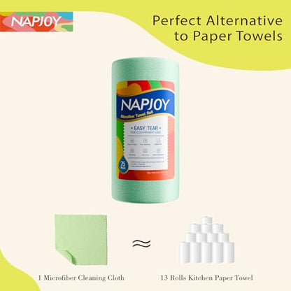 Napjoy Microfiber Cleaning Cloth Roll, 75PK Easy Tear Away Reusable Paper Towels, 12" x 12", Lint-Free and Scratch-Free with Patented Fiber Technology Microfiber Towel Roll, Green - color: Green