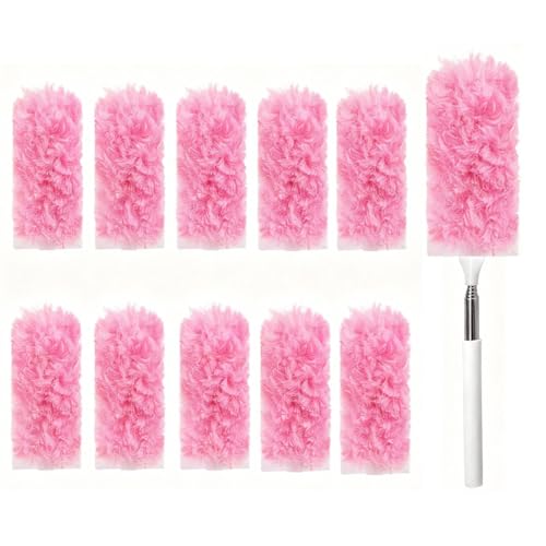Heavy Duty Duster Refills, Disposable Dusters Kit for Cleaning Dusting Furniture Blind Ceiling Fan, Multi Surface 360 Feather Duster(10)+3FT Extended Handle（1） (Pink) - color: Pink