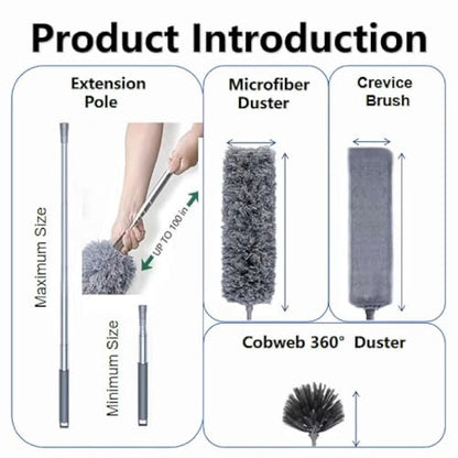 Microfiber Feather Duster 4-in-1 Kit, Dusters for Cleaning, Duster with Extension Pole 100 Inches, Cobweb Duster, Microfiber Dusters for High Ceilings and Fans, Blinds, Cars and Furniture