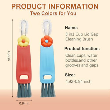 3 in 1 Multifunctional Cup Lid Gap Cleaning Brush Set, Portable Bottle Cleaning Brush, Home Kitchen Crevice Cleaning Tools for Bottles, Cups, and Tight Spaces, 2PCS (Red and Blue)