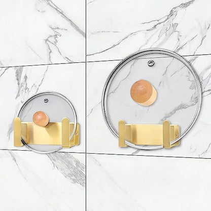 Pot Lid Rack, Wall Mounted 304 Stainless Steel Pan Lid Organizer Holder, Self Adhesive, Kitchen Cooking Utensil Tool(Gold,Set of 2) - color: Gold,Set of 2