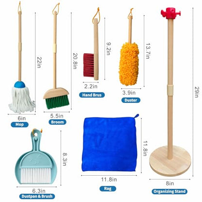 Kids Cleaning Set, 8 Pack Wooden Housework Cleaning Includes Broom Mop Duster Dustpan Brushes Rag and Organizing Stand, Solid Beech Wood , Cleaning Toys Gift for Toddlers Girls Boys Age 3-8