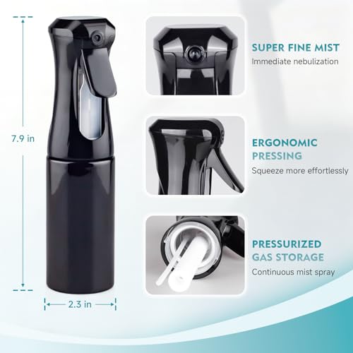 Continuous Spray Bottle, 6.8 OZ Hair Spray Bottles, Ultra-Fine Mister Spray Bottle for Hairstyling, Cleaning, Plants, Pets, Salons, and More (1 Pack) - color: Whole Black