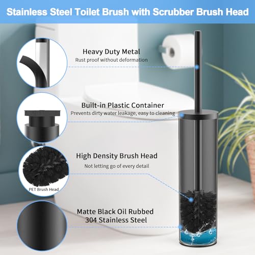 Stainless Steel Toilet Brush and Holder Set Brushed Silver Heavy Duty Toilet Bowl Brush with Long Handle for Bathroom and Farmhouse (Black) - color: Black