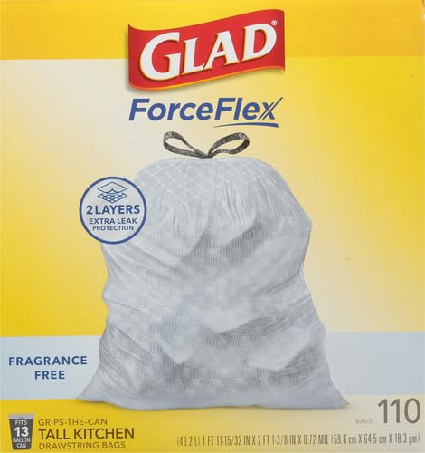 Glad ForceFlex Tall Kitchen Drawstring Trash Bags,13 Gal,Fragrance Free,110 Ct (Package May Vary),(Pack of 3) - size: 110 Count (Pack of 3)
