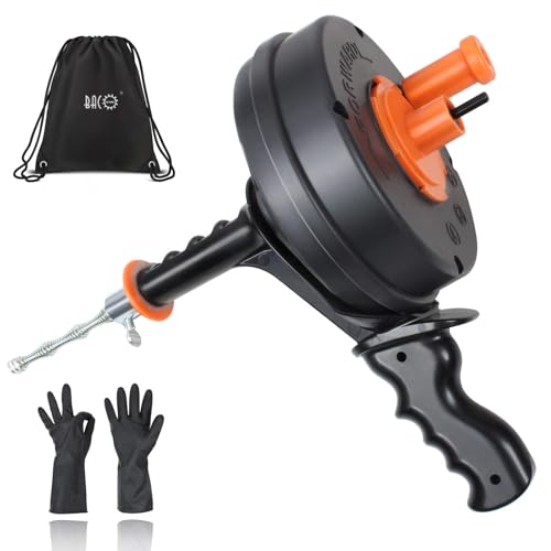 BACOENG 25Ft Drain Auger, Heavy Duty Plumbing Snake with Drill Adapter, Use Manually or Powered for Drain Clog, Shower Sink, Comes with Gloves and Bag (Orange) - color: Orange-25FT