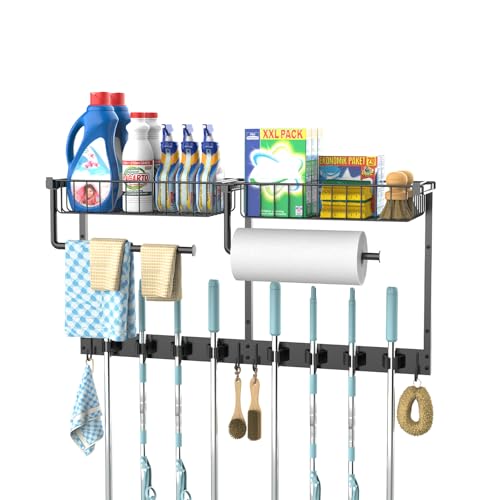 Broom Holder Wall Mount, Broom and Mop Organizer Wall Hanging with Paper Towel Holder & Removable Anti-fall Basket, Wall Mount Cleaning Supplies Organizer for Laundry Room, Apartment, Utility Room