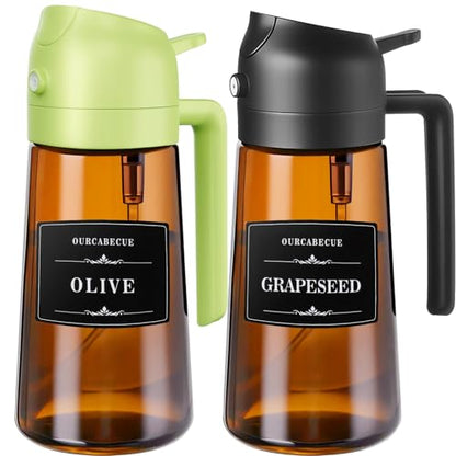OURCABECUE 2 in 1 Olive Oil Sprayer for Cooking, 16oz/470ml Glass Olive Oil Dispenser Bottle for Kitchen, Light-Blocking Dark Brown Oil Mister with 8 Oil Stickers (Black+Green2PC) - color: Brown Bottle-Black+Green2PC