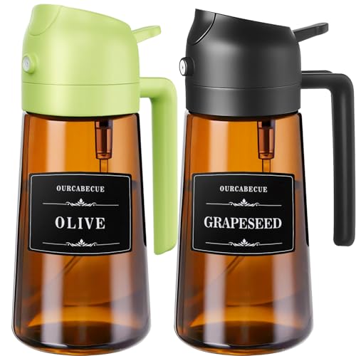 OURCABECUE 2 in 1 Olive Oil Sprayer for Cooking, 16oz/470ml Glass Olive Oil Dispenser Bottle for Kitchen, Light-Blocking Dark Brown Oil Mister with 8 Oil Stickers (Black+Green2PC) - color: Brown Bottle-Black+Green2PC
