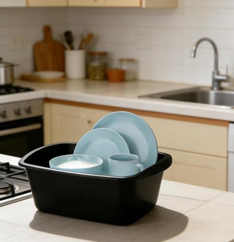 18 Quart Plastic tub Durable Heavy Duty Reinforced Plastic Kitchen Dishpan Basin with Molded Handles for Household Chores and Storage, Black, 1Pack