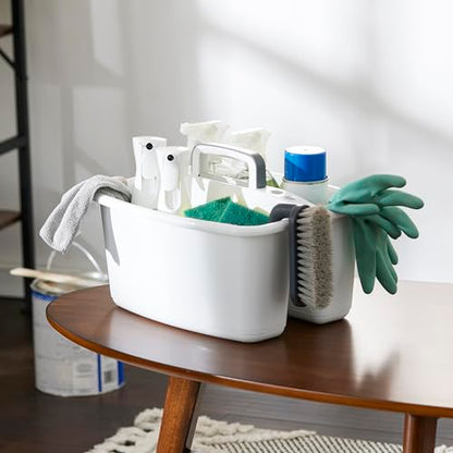 Gracious Living Storage Caddy, 2-Compartment Portable Plastic Tote with Handle for Cleaning Supplies, Craft Organization, & Makeup, White/Gray - size: 1 Pack