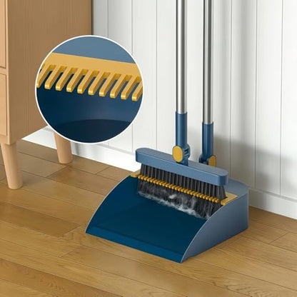 Broom and Dustpan Set, Long Handle Standing Broom with Self-Cleaning Comb Teeth, Heavy Duty Broom Dustpan Combo for Home Kitchen Office Floor Pet Hair Cleaning (Blue) - color: Blue