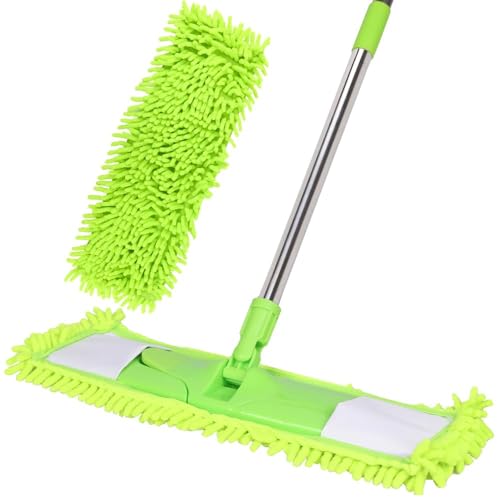 Dust Mop for Floor Cleaning with 2 Washable Chenille Pads and Extendable 58” Long Handle, Dry Wet Flat Mop with Scouring Pad for Hardwood, Laminate, Tile, Marble (Green) - color: Green