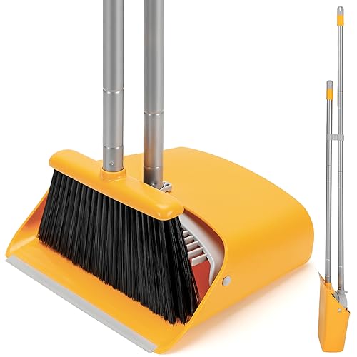 Broom and Dustpan Set with Long Handle 52", Standing Broom and Dust Pan Set for Home Kitchen Room Office Lobby Yellow - color: Yellow