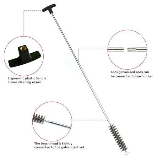50 in Pipe Cleaning Brush Set with Stainless Steel Bristles, Wire Brush with 4pcs Galvanized Rod, Stainless Steel Pipe Brush 4pcs for Auto Parts, Bottles, Tubes. (3/5, 1, 1 3/5, 2 in Brush Heads)
