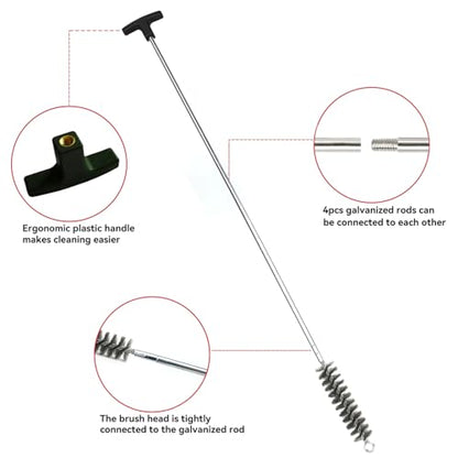 50 in Pipe Cleaning Brush Set with Stainless Steel Bristles, Wire Brush with 4pcs Galvanized Rod, Stainless Steel Pipe Brush 4pcs for Auto Parts, Bottles, Tubes. (3/5, 1, 1 3/5, 2 in Brush Heads)