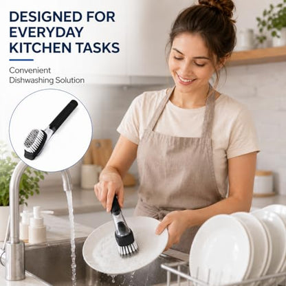Soap Dispensing Dish Brush with Built-in Scraper, Black, for Dishes, Pots, Pans, Plates, Cookware, and Countertops