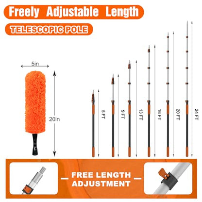 SISUPASSIE 30FT Reach High Ceiling Duster Kit, Window Cleaning kit with 5-24FT Extension Pole, Fan Duster for Ceiling Fan Blades, Microfiber Feather Duster, Rotatable Window Squeegee and Cobweb Duster - size: 24FT