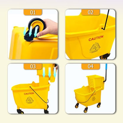 33 Qt Commercial Mop Bucket, with Side-Press Wringer on Wheels. Includes an Industrial Mop. Yellow Industrial Mop Bucket, Suitable for Home, Commercial, Restaurant Cleaning