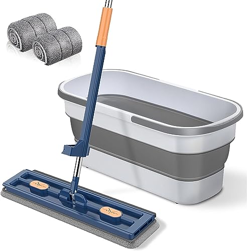 Large Flat Mop - 360° Rotating Mop with Dewatering Scraper, Djustable Stainless Steel Long Handle with 2 Microfiber Pads 12027(54" Blue+22" Bucket Set,+2 Pads) - color: 54" Blue+22" Bucket Set, size: +2 Pads