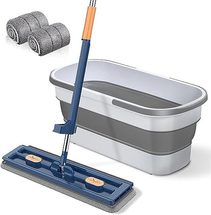 Large Flat Mop - 360° Rotating Mop with Dewatering Scraper, Djustable Stainless Steel Long Handle with 2 Microfiber Pads 12027(54" Blue+22" Bucket Set,+2 Pads) - color: 54" Blue+22" Bucket Set, size: +2 Pads