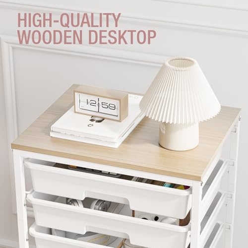 Storage Cart with 8 Drawers, Utility Cart with White Drawers and Wooden Tabletop, Craft Cart, Teacher Organization for Classroom,White - color: White
