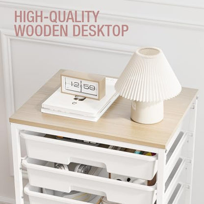 Storage Cart with 8 Drawers, Utility Cart with White Drawers and Wooden Tabletop, Craft Cart, Teacher Organization for Classroom,White - color: White