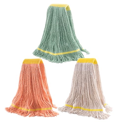 Matthew Cleaning 3Pcs 5'' Headband White&Orange&Green 24Oz Commercial String Mop Heads, Loop-End Mop Head Replacement, Heavy Duty Industrial Washable&Reusable Mop Refills for Residential& Warehouse - color: Green&white&orange, size: 3 Count (24 Ounce each