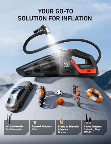 AstroAI 4-in-1 V3 12V DC High Power Handheld Car Vacuum Cleaner for Car,Home,Pet Hair Cleaning, 150 PSI 16.4FT Cord Digital Pressure Gauge & LED Light Portable Tire Inflator for Cars,Bikes,SUVs,Balls