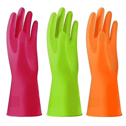 Alimat PluS 3 Pack Reusable Cleaning Gloves Latex Free, Dishwashing Rubber Gloves for Cleaning, Waterproof Household Gloves for Laundry, Gardening (Large, Without Liner) - color: Red+green+orange, size: Large (Pack of 3)
