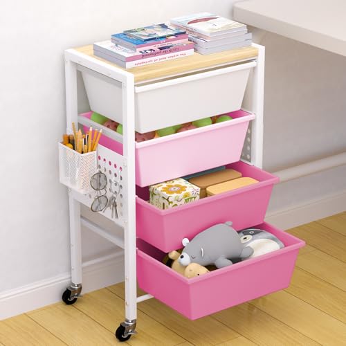 Rolling Cart with Drawers, Rolling Storage Cart with Large Plastic Drawers & Wooden Tabletop, Utility Cart with Pegboards & Basket, Storage Drawers Cart for Living Room, Classroom, Bedroom, Office - color: Pink, size: 4 Drawers