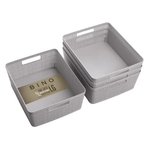 BINO | Woven Plastic Basket | Small (Natural Grey), 4-Pack | THE JUTE COLLECTION | Home Organization, Space - Saving Storage, Stylish Design | Jute Basket | Plastic Storage Basket - color: Natural Grey, size: 4PK- M
