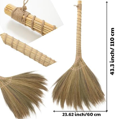 Outdoor Broom for Floor Cleaning, 43.3'' Length Heavy-Duty Natural Grass Broom for Sweeping Concrete Courtyard Garage Patio Indoor Home Kitchen Office Lobby - style: Style Traditional
