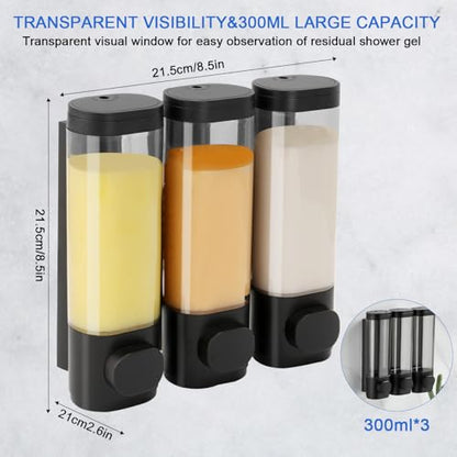Shower Soap Dispenser Wall Mounted Shampoo and Conditioner Dispenser No Drill 3 Chamber Large Capacity for Bathroom Hotel, Black - color: Black