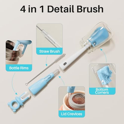 JOYMOOP Silicone Bottle Brush & Straw Cleaner Brush Set, Multi-Functional Bottle Washer for Sports Water Bottle,Glassware,Vase,and Narrow Neck Containers,Blue - color: Blue