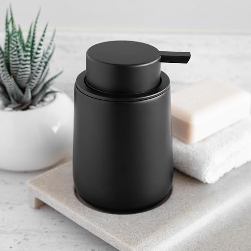 Matte Black Round Soap Dispenser for Kitchen & Bathroom – 9 oz Refillable Resin Pump Bottle for Dish Soap, Hand Soap, Shampoo, Conditioner – Modern Countertop Dispenser with Non-Slip Protective Pads - color: Black, style: Round Short Soap Dispenser