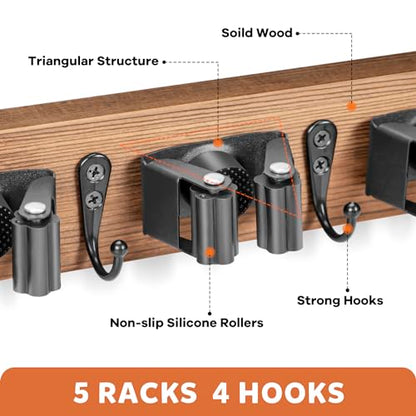 IMILLET Broom Holder Wall Mount, Rustic Wood Broom Hanger with 5 Racks and 4 Hooks, Laundry Room Organization and Storage, Mop Holder for Home Decor, Garden, Garage, Kitchen, Closet - style: Wooden-5 Slots Brown
