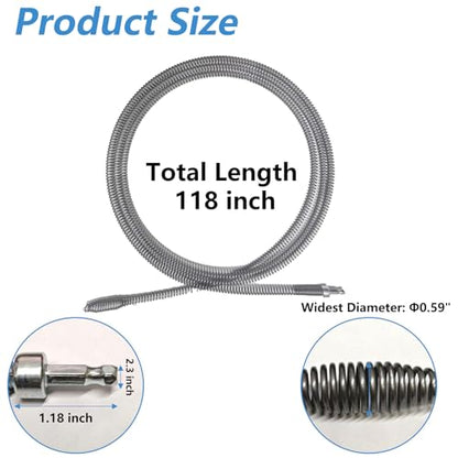 Drain Snake, Spring Drain Clog Remover with Electric Drill Connector, Durable Metal Hair Snake Tool Drain Opener for Sewer Kitchen Sink Bathroom Clogged Unblocker,1 Pcs 118.1 Inch 9.8 FT - size: 118.1 Inch