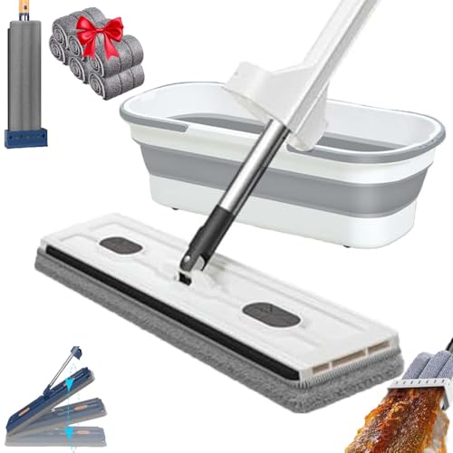 New Upgraded Large Flat Mop and Bucket Set,360 Rotation Flat Mop with Bucket with 6 Microfiber Pads,for Tile,Hardwood,Windows Wet and Dry (White) - color: White With Bucket
