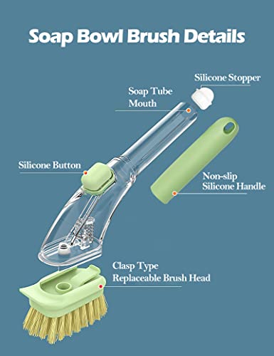 DAJOOEE Dish Brush with Soap Dispenser, Green, Nylon Bristles, Iron and Silicone Handle, 3 Replacement Heads, Kitchen Cleaning Brush