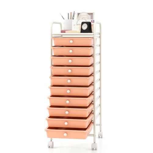 MEDIMALL 10 Drawers Rolling Storage Cart, Multipurpose Craft Storage Cart with Wheels, Mobile Tools Scrapbook Paper Organizer Cart for Office School Home Use - color: Peach