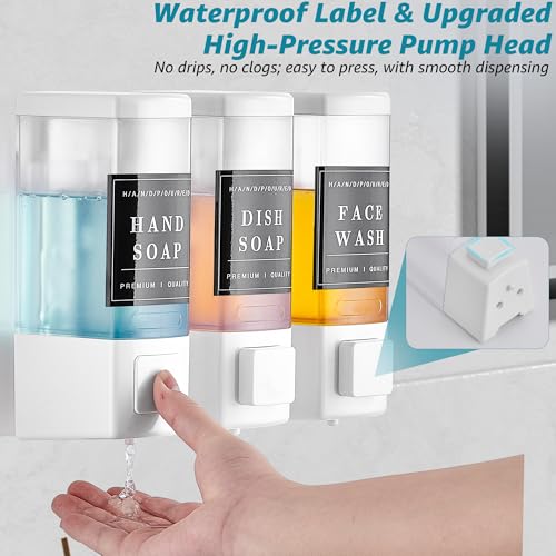 Shampoo and Conditioner Dispenser for Shower,3 Chamber,White | Wall Mounted, No Drill, 3×16.9oz,ABS Plastic Material,Refillable With Labels, For Bathroom Hotel - color: White