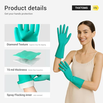 ThxToms 10 Pairs Nitrile Chemical Resistant Gloves, 15mil,13", Reusable Latex Rubber Free Heavy Duty Gloves, Acid Alkali Oil Protection, Industrial Use and Household Cleaning, Non-Slip, Large - color: Pack of 10, size: Large
