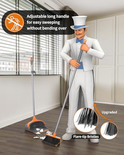 MR.SIGA Broom and Dustpan Set with Long Handle, Stand Upright Broom with Dustpan Combo for Cleaning Office, Garage, Lobby, Lightweight Sweeping Set, 51.7"(131 cm) Long Handle, Gray & Orange - color: Gray & Orange