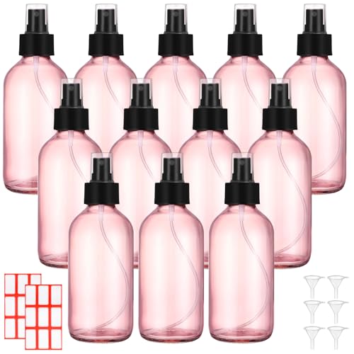 Norme 12 Pcs 8 oz Glass Spray Bottles with Funnels and Labels Refillable Cosmetic Empty Spray Bottles with Sprayer Containers for Essential Oil Cleaning Solutions(Pink,Stylish) - color: Pink, style: Stylish