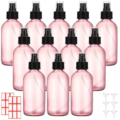 Norme 12 Pcs 8 oz Glass Spray Bottles with Funnels and Labels Refillable Cosmetic Empty Spray Bottles with Sprayer Containers for Essential Oil Cleaning Solutions(Pink,Stylish) - color: Pink, style: Stylish