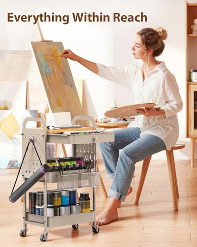 ALVOROG Rolling Cart with Drawer and Wood Table Top, 3 Tier Metal Rolling Utility Cart on Wheels with DIY Pegboards, Hanging Baskets, Hooks for Kitchen, Bedroom, Office, Craft Supplies - color: Beige