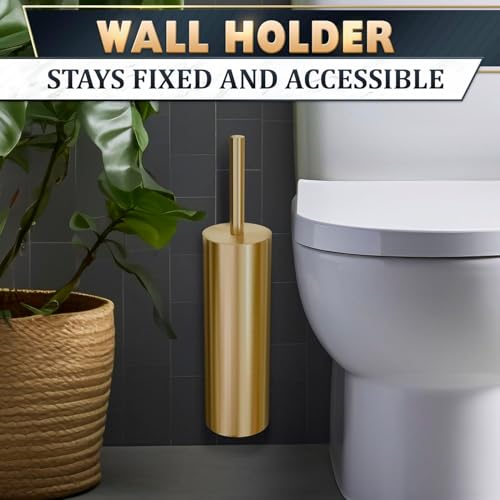 Gold Toilet Brush and Holder Set with Wall Mount - Modern Wall Mounted Toilet Brush Made from Corrosion-Resistant Stainless Steel - Removable Inner Bowl, Splash Protection & Dense Bristles Supplied - color: Gold Wall-mounted